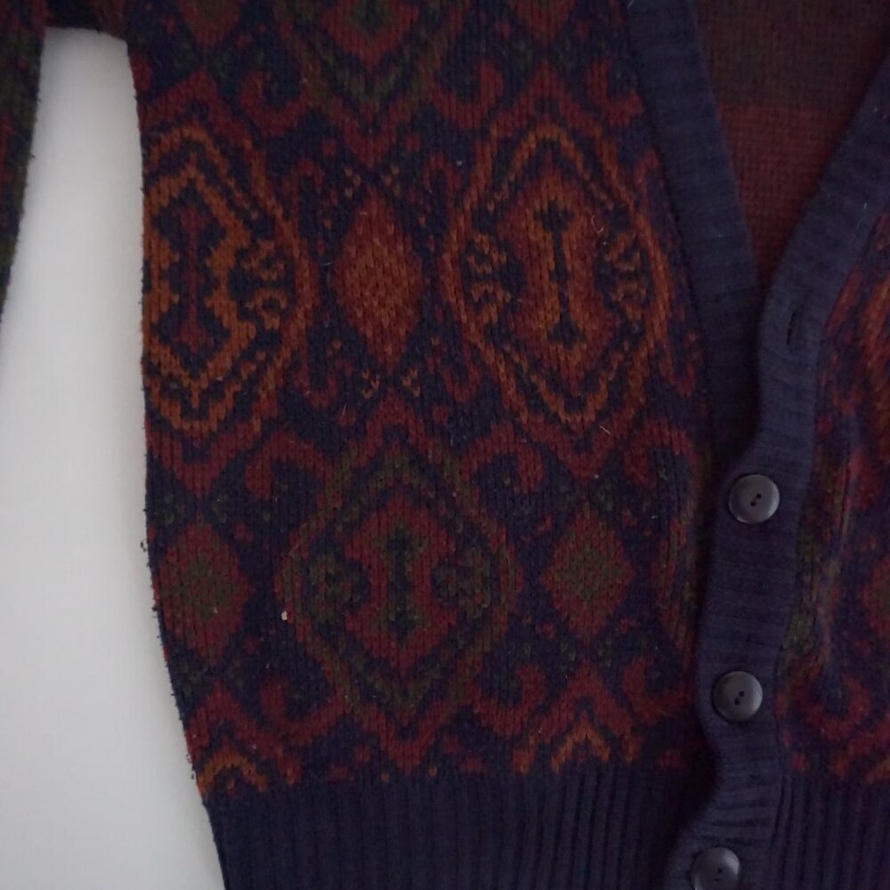 Vintage Melange Navy Burgundy Geometric Knit Button Front Cardigan Sweater L - Picture 7 of 11